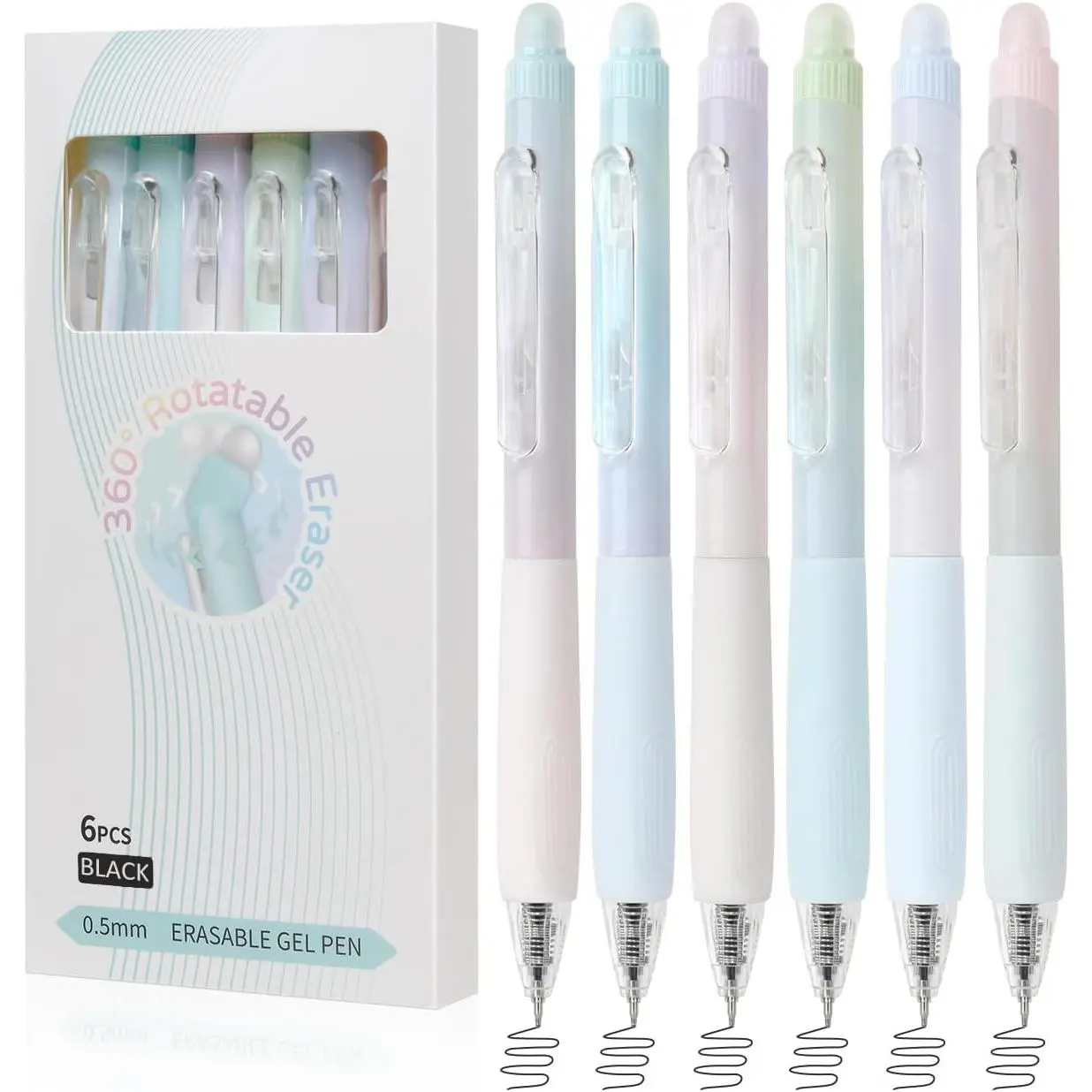 Erasable Pens, 6 Pack Fine Point 0.5mm Black Erasable Gel Pens with 360?Rotating Erasers, Make Mistakes Disappear, Comfort Grip for Drawing, Writing, Planning, and Crossword Puzzles (Black Ink)