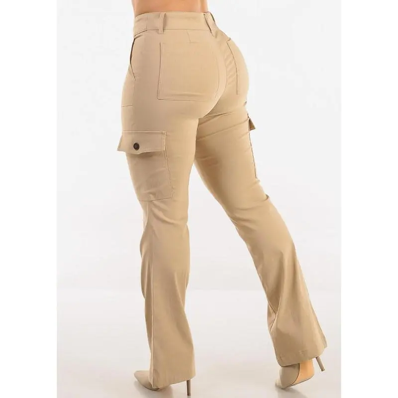 Women's Stylish Butt Lift Hyper-Stretch Bootcut Cargo Sporty Joggers, Khaki Sports & Outdoor Pants