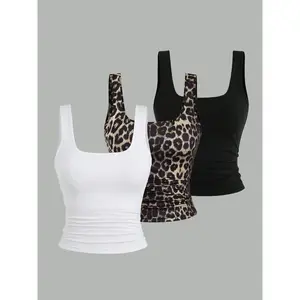 Plus Size Solid & Leopard Print Scoop Neck Tank Top, Casual Sleeveless Summer Top, Women’s Everyday Wear GARMENTARY