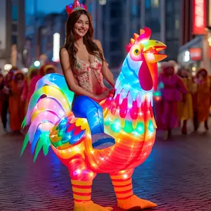 Adult Inflatable Ride-on Rooster Costume, Man Women Chicken Suit with LED Lights Funny Glow for Halloween Christmas