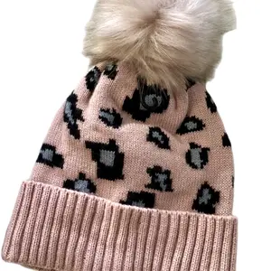 Pink Leopard Cheetah Print Pom Pom Beanie for Women