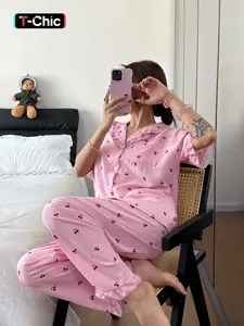 Valentine's Day Women's Sleepwear Loungewear Set, Cherry Print Ruffle Short Sleeve Long Pants, Open Front Collar Comfortable Pajamas, Casual Home Wear
