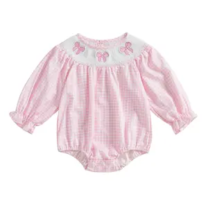 Smocked Bubble Romper Baby Girl Newborn Bow Embroidery Plaid Ruffle Long Sleeve Bodysuit Fall Clothes