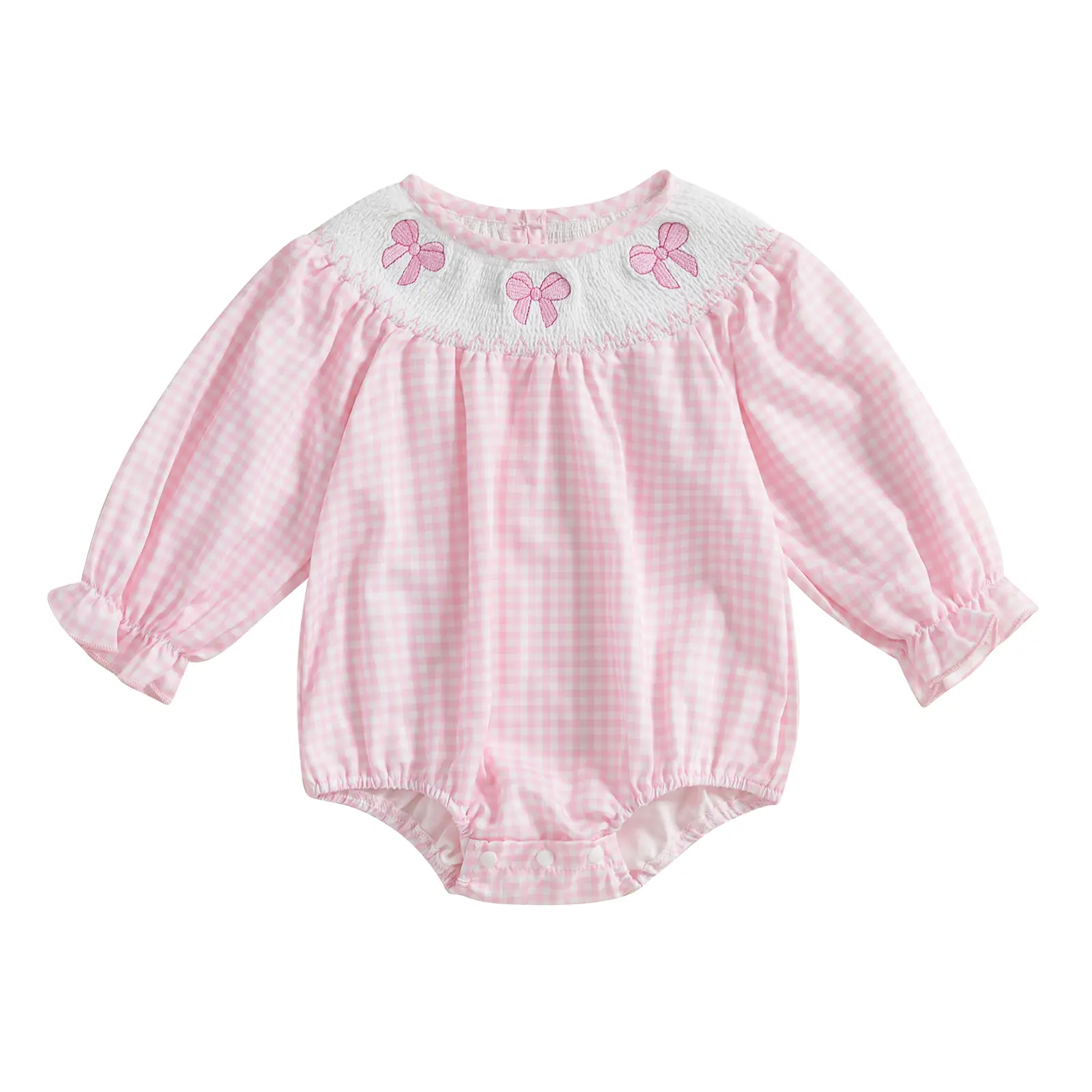 Newborn Infant Baby Girl Bubble Romper Bow Embroidery Plaid Puff Long Sleeve Smocked Bodysuit Cute Fall Spring Clothes
