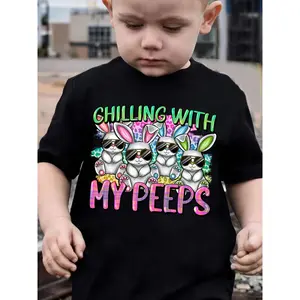 Easter Day boys' Cotton T-shirt "CHILLING WITH MY PEEPS"Print For Comfortable And Casual Round Neck Short Sleeves