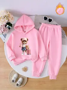 Girls' Fall Winter Fleece Set, Cute Cartoon Bear Hoodies & Jogger Pants, Warm Skin-Friendly Fabric, Comfortable Fit, Perfect for Kid Outdoor & Home Wear, Baby Clothes Girl