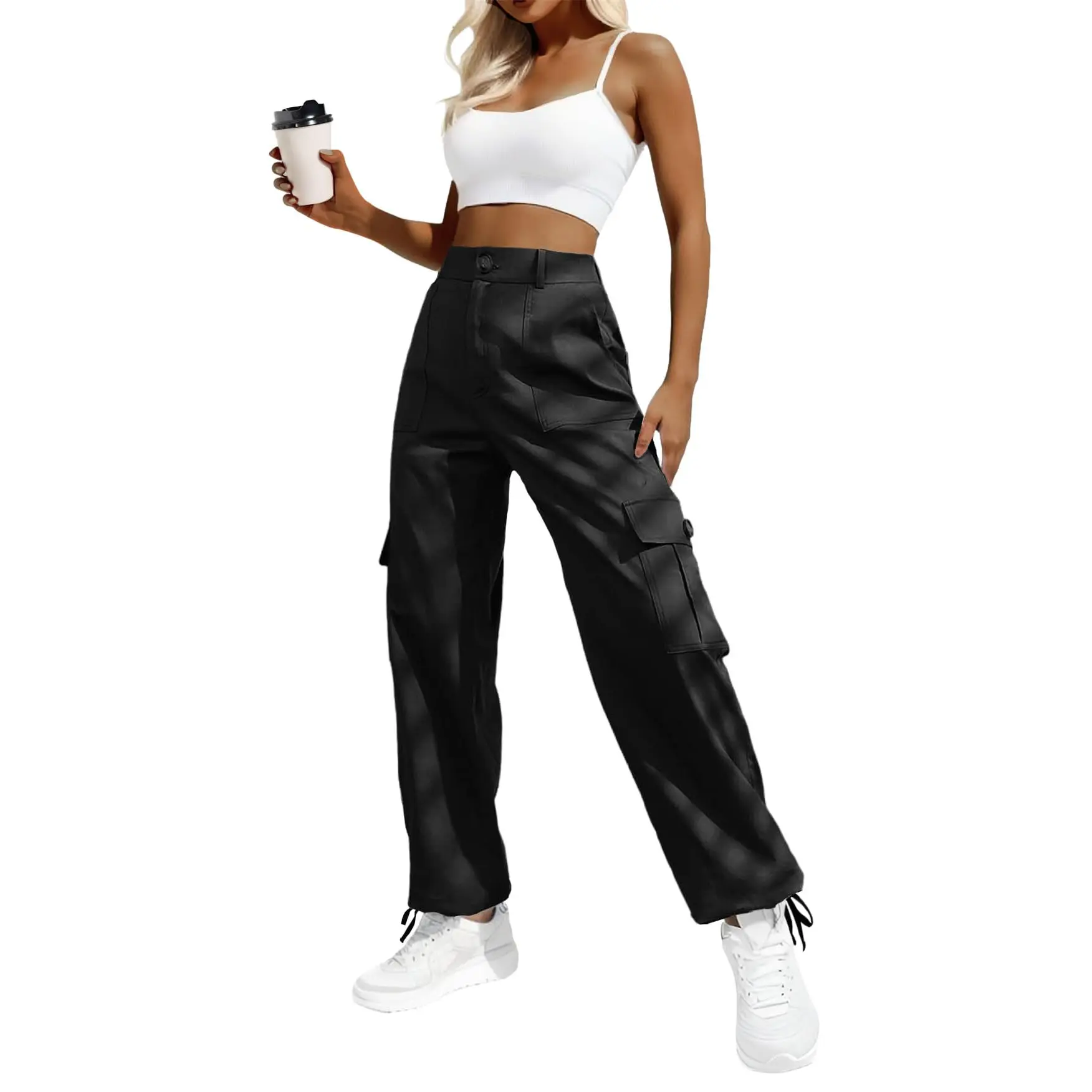 Lepunuo Women's High Waisted Cargo Pants Travel Y2K Streetwear Baggy Stretchy Pants with 6 Pockets Drawstring Ankle Cuffs