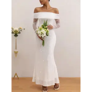 [Elegant Gown] Sequin Mermaid Gown | Elegant Off-Shoulder, Long Sleeve, Stretchy & Form-Fitting Bridesmaid Dress for Weddings,Parties & Formal Events,