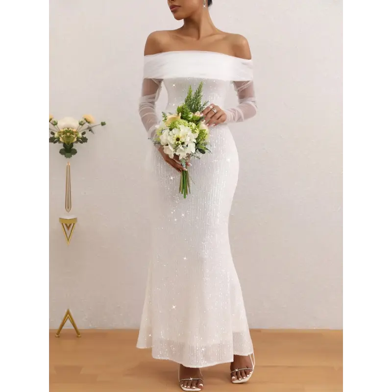 Elegant Gown] Sequin Mermaid Gown | Elegant Off-Shoulder, Long Sleeve,  Stretchy & Form-Fitting Bridesmaid Dress for Weddings,Parties & Formal  Events, - TikTok Shop