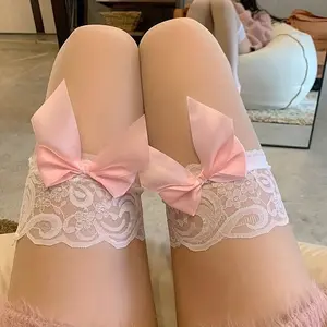 "Pure Desire" bowknot knee-high socks, internet-famous sexy tight lace-up stockings, women's fashionable summer thin black thigh socks