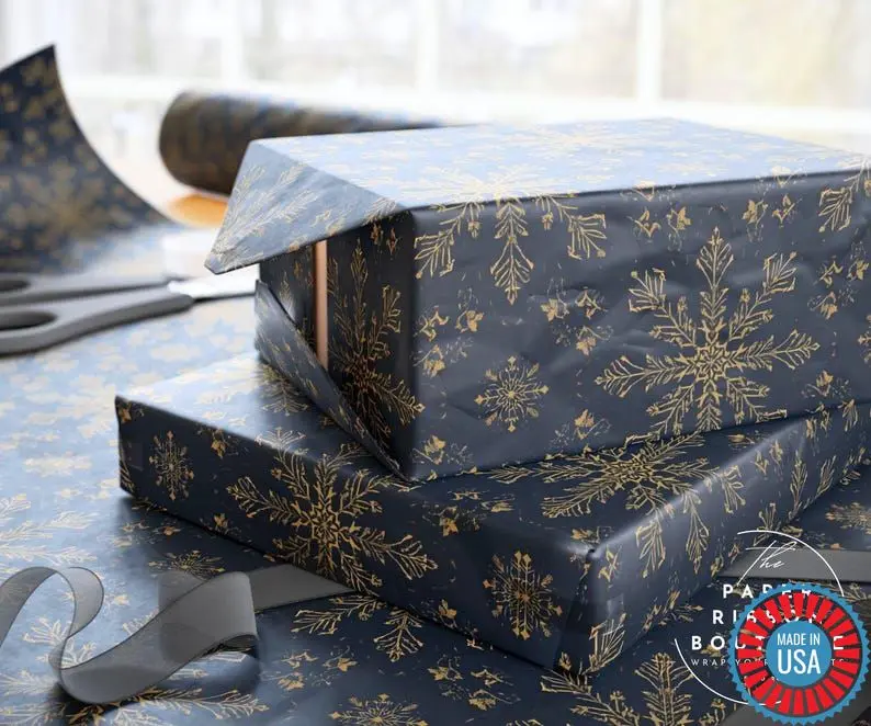 Dark Blue Snowflake Wrapping Paper, Christmas Gift Wrap, Elegant Holiday Wrapping Paper, Winter Gift Wrap, Luxury Seasonal Blue Paper Roll