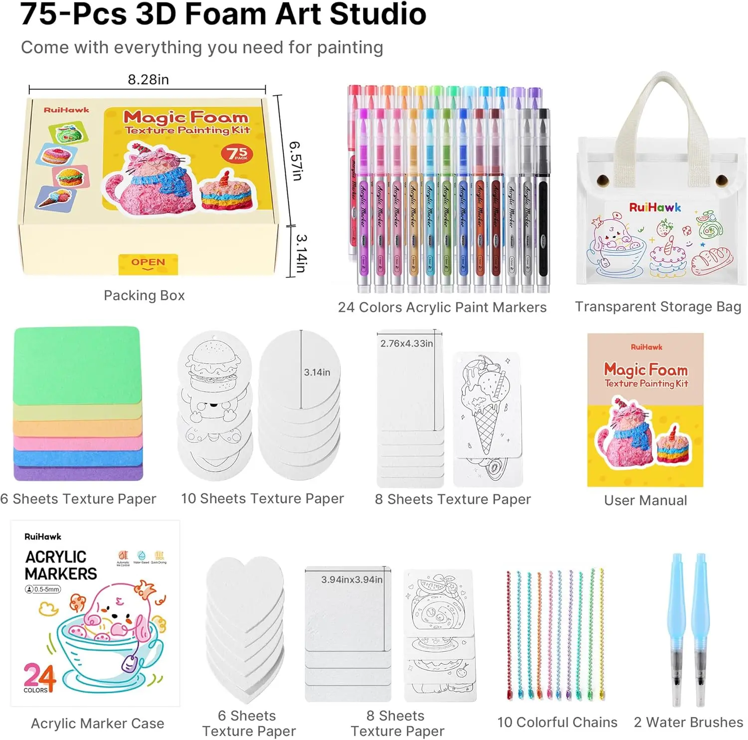 Unisex Magic 3D Foam Texture Painting Kit - Non-Toxic Aqua Puffs Art Supplies with 24 Auto-Flow Markers, 38 Texture Sheets, 10-Bead Necklace - Creative Educational Arts & Crafts Toy Gift for Ages 5-10