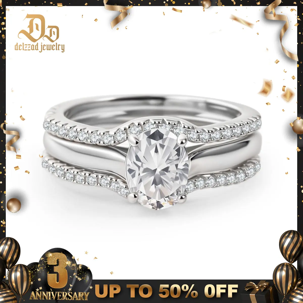 Delzzad 14K Gold-Plated 1.8ct Heavenly Nest Ring Engagement Ring Triple Stacking Ring VVS Synthetic Moissanite Ring Jewelry Perfect Birthday Engagement Wedding Anniversary Christmas Valentine's Day Gift