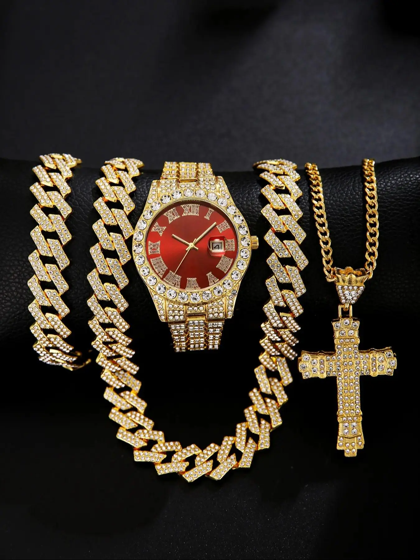 4pcs Stylish Quartz Men's Watch with Punk Cuban Chain Necklace and Bracelet, Fashion Watch Set, Necklaces Set, Fashion Jewelry Set, Fashionable Jewelry Set, Perfect Gift for Casual Outings & Holidays