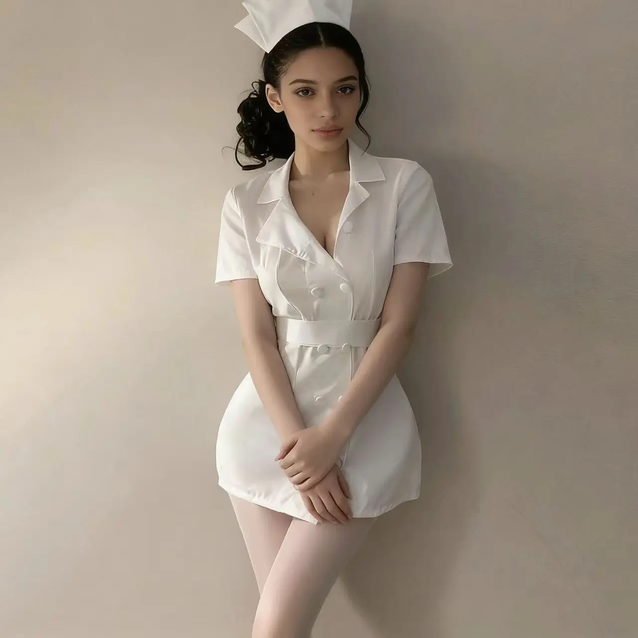 Women's Minimalist Formal Basic Tailored White Mini Dress - Turn-Down Collar, Double Breasted, Short-Sleeve, Formal Wear, Elegant Casual Lingerie