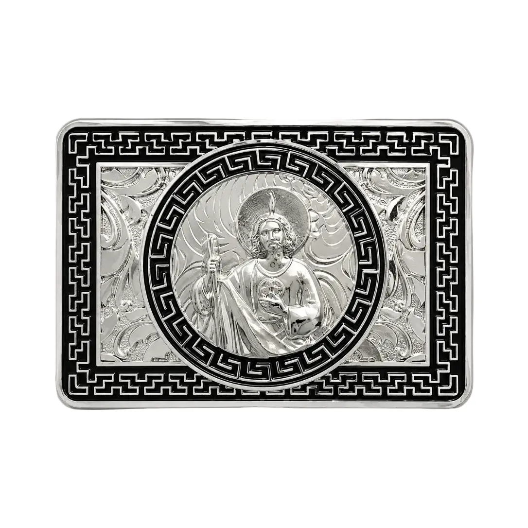 Silver San Judas Western Belt Buckle – Black Greek Key Engraved Rectangle