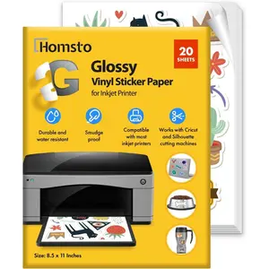 Printable Vinyl Sticker Paper for Inkjet Printer - Self Adhesive Glossy Waterproof - 20 Sheets 8.5x11 - Easy Cut & Peel, Premium Quality for Crafts, Labels, Decals
