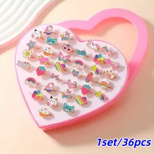 Set of 12/24 Heart Gift Boxes, Cute Cartoon Design Rings, Stacking Ring Set, Adjustable New Cartoon Ring Jewelry, Girls' Back-To-School Gift, Birthday, Christmas