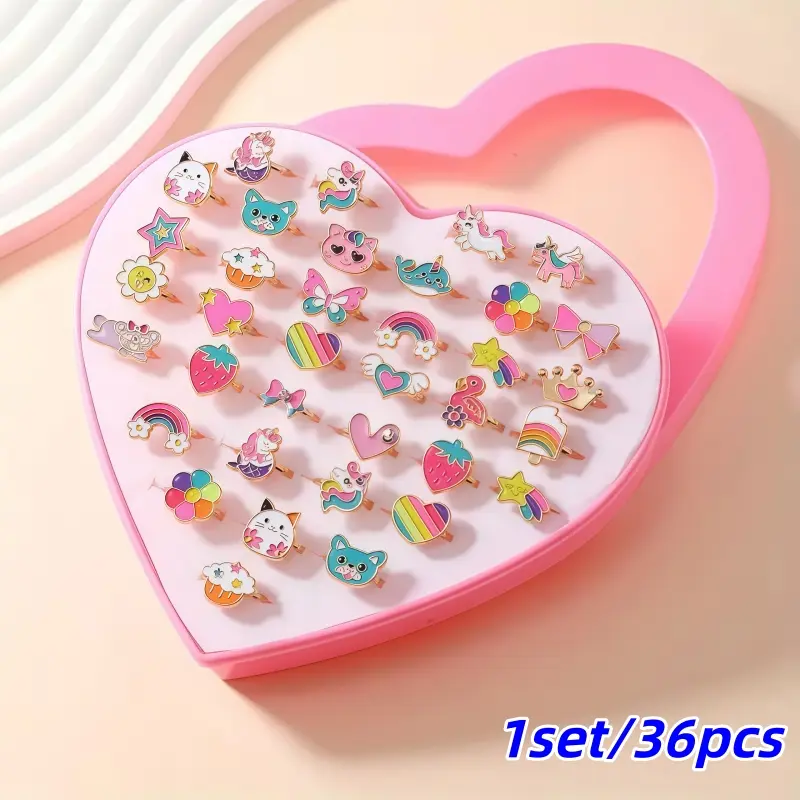 Set of 12/24 Heart Gift Boxes, Cute Cartoon Design Rings, Stacking Ring Set, Adjustable New Cartoon Ring Jewelry, Girls' Back-To-School Gift, Birthday, Christmas