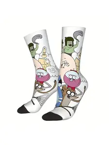 BIIHUDU Men's Regular Show Cartoon Character Socks Menswear - Full-Body Print with Mordecai & Rigby, Mordecai's Dog Boundle & Action Scenes - Comfortable Polyester Novelty Gift for Fans