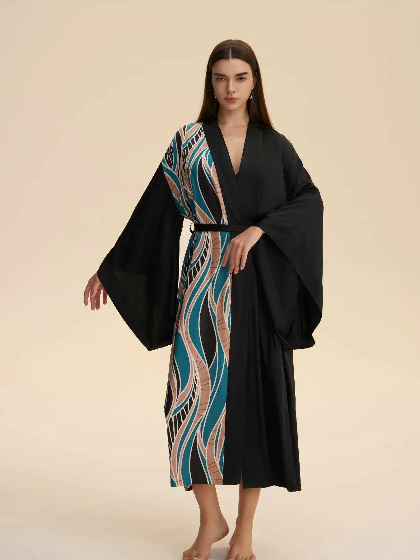 V-neck Wide Sleeve Long Robe, Leaf Print Satin Sleepwear Robe, For Home And Bedroom Use, Adult Women