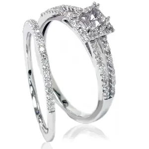 3/8CT Split Shank Princess Cut Halo Engagement Ring Set Setting 14K White Gold