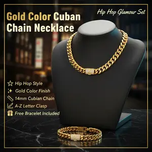 14mm Iced Cuban Chain Necklace | A-Z Letter Clasp | Free Bracelet Included | Hip Hop Gold Plated Drip Jewelry