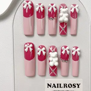 Bow Decor Fake Nails, 10pcs/set Long Square Press on Nails for Women & Girls DIY Nail Art, Elegant Stick on Nails Kit