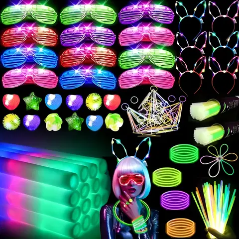 MICRENCY 142-Piece Bulk Fashion & Party Supplies Set - Party Event Props with Foam Sticks, LED Glasses, Light Sticks, Finger Lights, 6 Glow Headbands - Unisex Anniversary Birthday Ambiance-Enhancing Gifts (12,12,100,12 Counts)