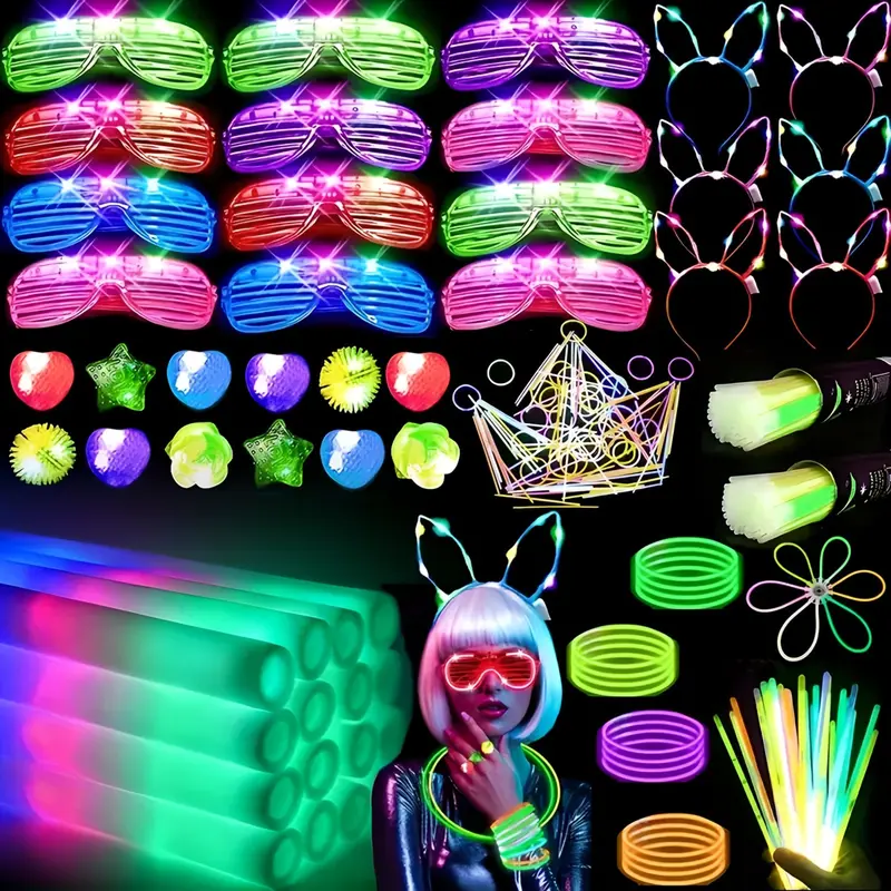 MICRENCY 142-Piece Bulk Fashion & Party Supplies Set - Party Event Props with Foam Sticks, LED Glasses, Light Sticks, Finger Lights, 6 Glow Headbands - Unisex Anniversary Birthday Ambiance-Enhancing Gifts (12,12,100,12 Counts)