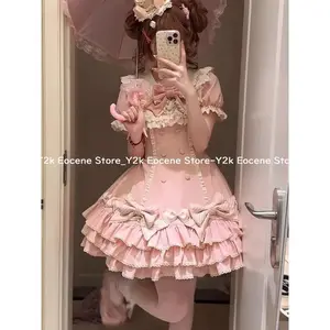 Japanese Sweet Lolita Kawaii Short Dress Women Pink Princess Y2k Bow Ruches Slim Dresses Female Korea Style Design Chic Outfits