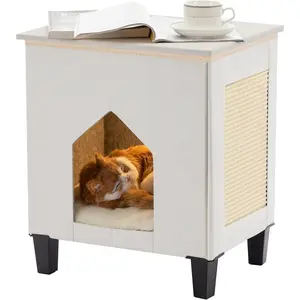 Cat Condo & Hideaway Cave with Scratch Pad, Leather Cat Bed & Side Table, White