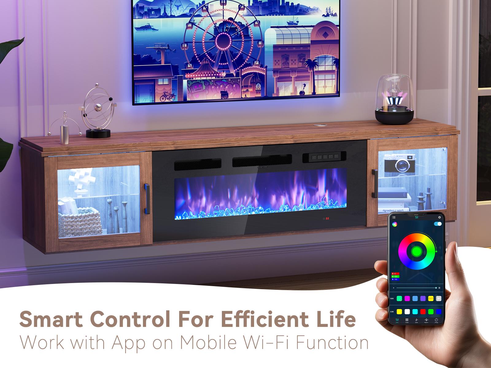 【2 Packages Shipping】oneinmil 70" Floating TV Stand with 36" Electric Fireplace, High Gloss Finish Wall Mounted Fireplace Entertainment Center with Storage for TVs Up to 80", Black TV Stand and Black Fireplace ,WiFi APP Smart Control