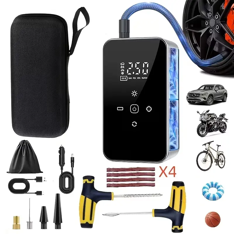 Tire Inflator Portable Air Compressor, Tire Puncture Rubber Repair Plugs with Professional Tools, with Digital Pressure Gauge Inflater 150PSI, 3X Fast Inflation Auto Shutoff Tires Pump for Cars Motors Bikes Balls - Tire repair kits!