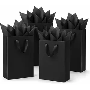 Black  Bags - 6 Pack 5 Sense Matte Paper Bags with Black Tissue, 8x4x11in (20x10x28 cm), with Handles, for Birthday, Wedding, Holiday, Party, or Business Gifts