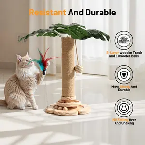 Tropical - themed Sisal Cat Scratching Post - with Monstera Leaves, Hanging Ball and Wooden 2 - Level Track, Ultimate Interactive Toy for Indoor Cats