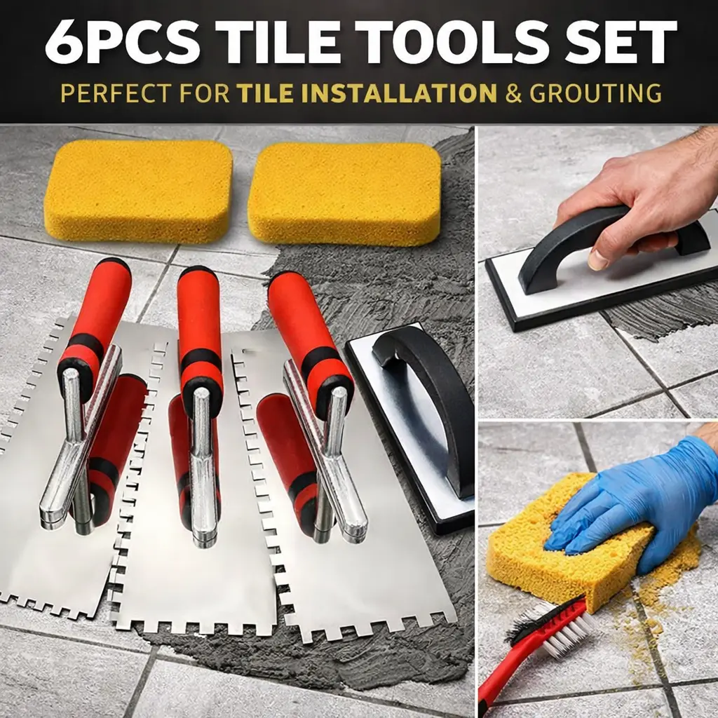Tile Tools Set – 3 Stainless Steel Square Notch Trowels + Rubber Grout Float & Sponge, Essential Kit for Tiling Installation, Grouting, DIY Projects – Summer Sale, Mid Year Sale, Deals for You, Restock