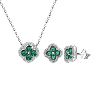ChillThing 14K Full Diamond Zircon Lucky Diamond Four Leaf Clover Necklace Women's ins Wind Light Luxury Necklace Earrings Versatile