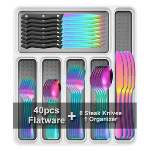 49-Piece Silverware Set with Flatware Drawer Organizer, Stainless Steel Cutlery with 8 Steak Knives, Modern Eating Utensils Tableware Service for 8, Mirror Polished