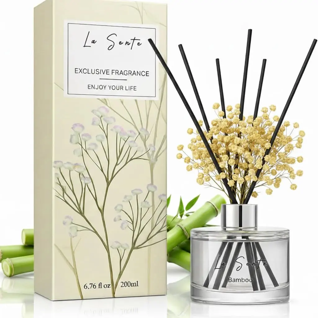 La Sente Eessantial Oil Reed Diffuser Set, Glass Bottle with Black Rattan Sticks, Dried White Flowers, 6.7fl oz, 200ml Fragrance Accessory Scented Decor Aroma