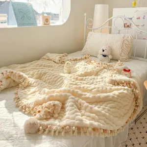 Solid Color Tassel Ball Blanket, 1 Count Soft Comfortable Warm Throw Blanket, Air Conditioned Room Bed Blanket for Home Office, Travel and Camping