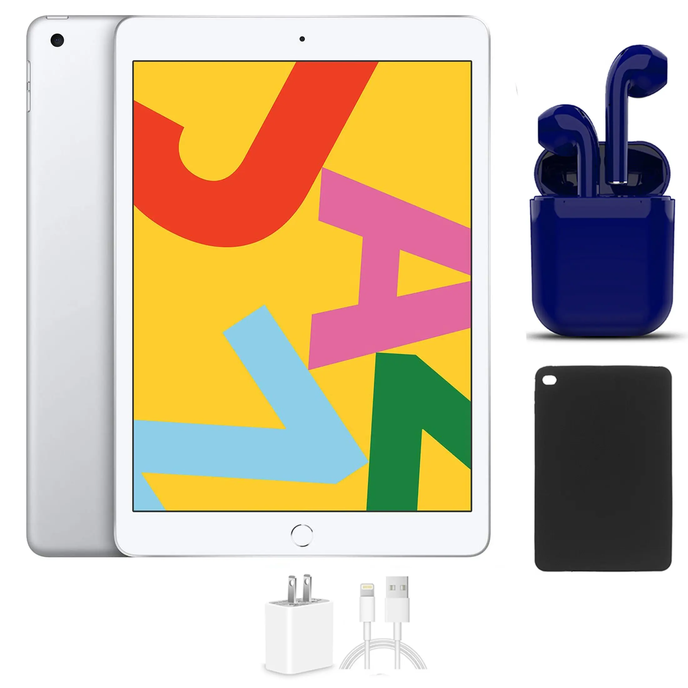 Refurbished Apple iPad 10.2-Inch, 32GB, Wi-Fi Only, Silver, Bundle: Protective Case, Wireless Earbuds, Charger (Good)