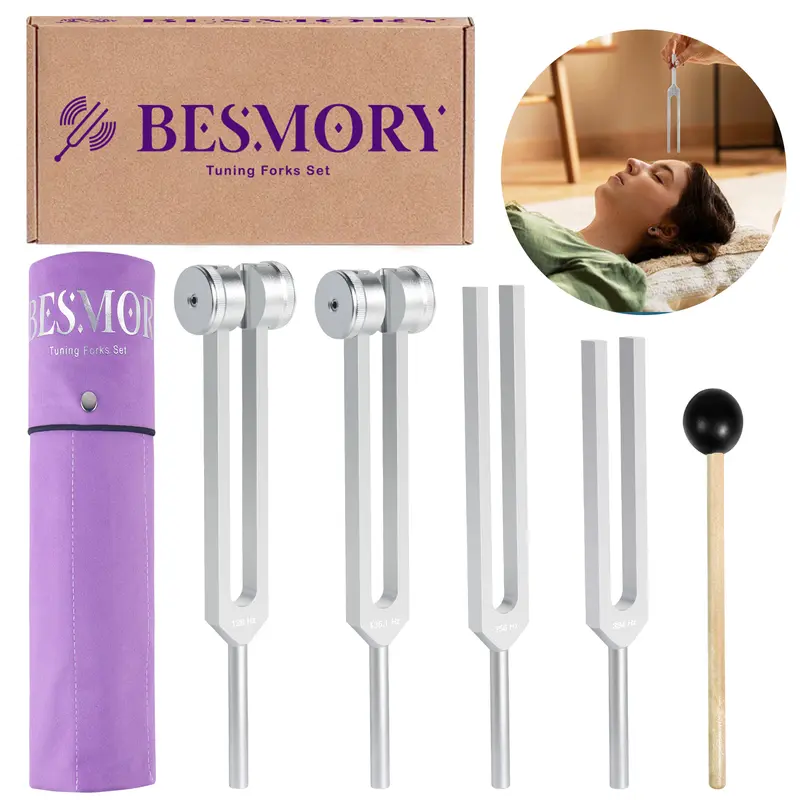 Besmory 4-Piece Alloy Tuning Fork Set - Durable Percussion Instrument, Extra-Long Handle, Reflex Hammer, Wrench for Adjusting, 128HZ/136.1HZ/256HZ/384HZ Corrosion-Resistant Portable Aluminum Alloy for Stress Relief, Acupuncture
