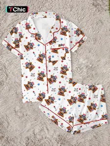 Cute Highland Cow 4th of July Pajamas Patriotic Sleepwear Set, Print, Cow USA Pajamas Bow Stars Stripes Sleepwear, Women's Pajama Set, Collared Shirt Pants Two-Piece, Short Sleeve Shorts, Party Wear, All Seasons Pjs