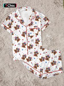 Cute Highland Cow 4th of July Pajamas Cozy Patriotic Sleepwear Set，Cow USA Pajamas Bow Stars Stripes Sleepwear,Women's Pajama Set, Collared Shirt and Pants Two-Piece Sleepwear, Short Sleeve and Shorts, Party Wear, Fitted, All Seasons