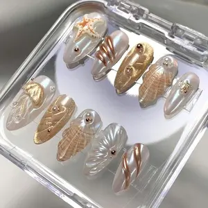Chic Nail Studio Ocean Luxe Press-On Nails 3D Seashells, Pearls & Gold Accents,, Beach-Inspired Nail Art, White & Gold, Summer Vacation Nail