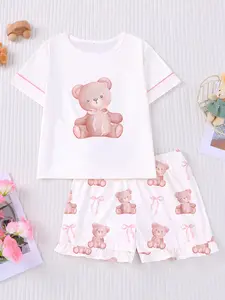 Bear Bow Short Sleeve Pajama Set, Summer Fire Retardant Round Neck Sleepwear, Cute Cartoon Home Wear, Pyjamas