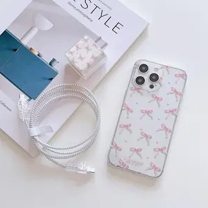 6-Piece Set Transparent Creative Bow Heart Pattern Phone Case Charger Head Cover Cable Protector Storage Rope Data Line Protection Strap