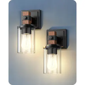 Wall Sconces Set of 2, Farmhouse Vanity Lights Fixtures for Bathroom, 1-Light Faux Wood Rustic Bath Wall Mount Lamp with Clear Glass Shade for Hallway, Living Room, Mirror, Kitchen