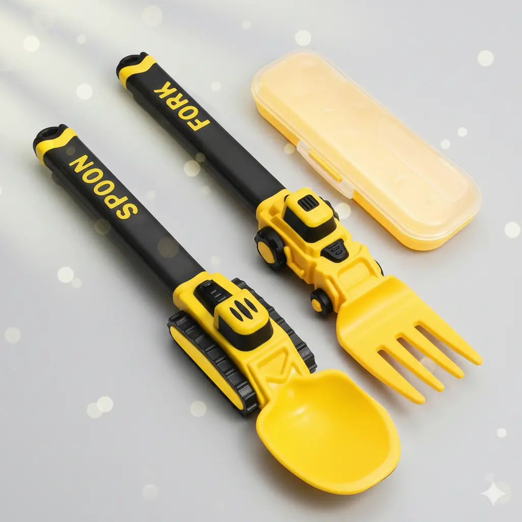 Construction Truck Kids Spoon Fork Set with Storage Case Soft Handle Fun Oil Tank Design Vibrant Yellow Black Self Feeding Tools for Toddlers